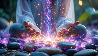 Illustration of a serene spiritual healing session with calming energy and transformation symbols